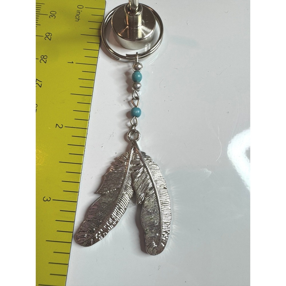 Bohemian Silver Tone Double Feather Keychain with Turquoise Beads Southwestern‎